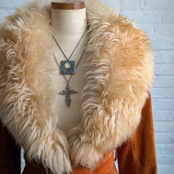 Vintage Orange Suede Penny Lane Jacket Groovy Furry Genuine Leather Trench Coat - Picture 4 of 9